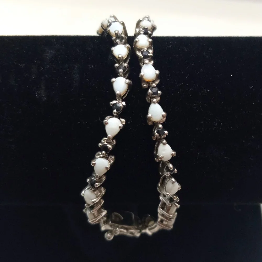 Sterling Silver Bracelet with Opals and Blue Rhinestones - Picture 1 of 14